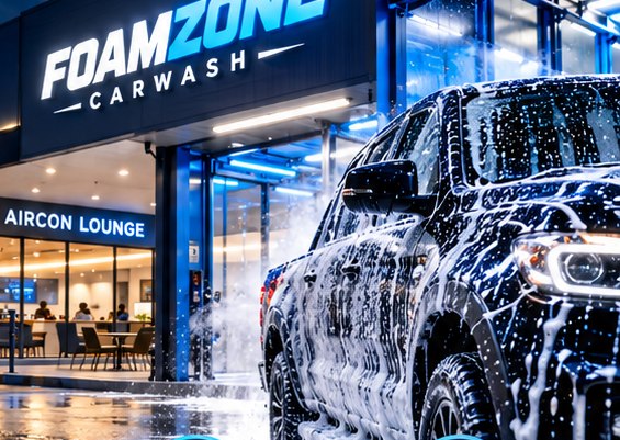 Illustrative FoamZone carwash concept showing a vehicle in a wash bay